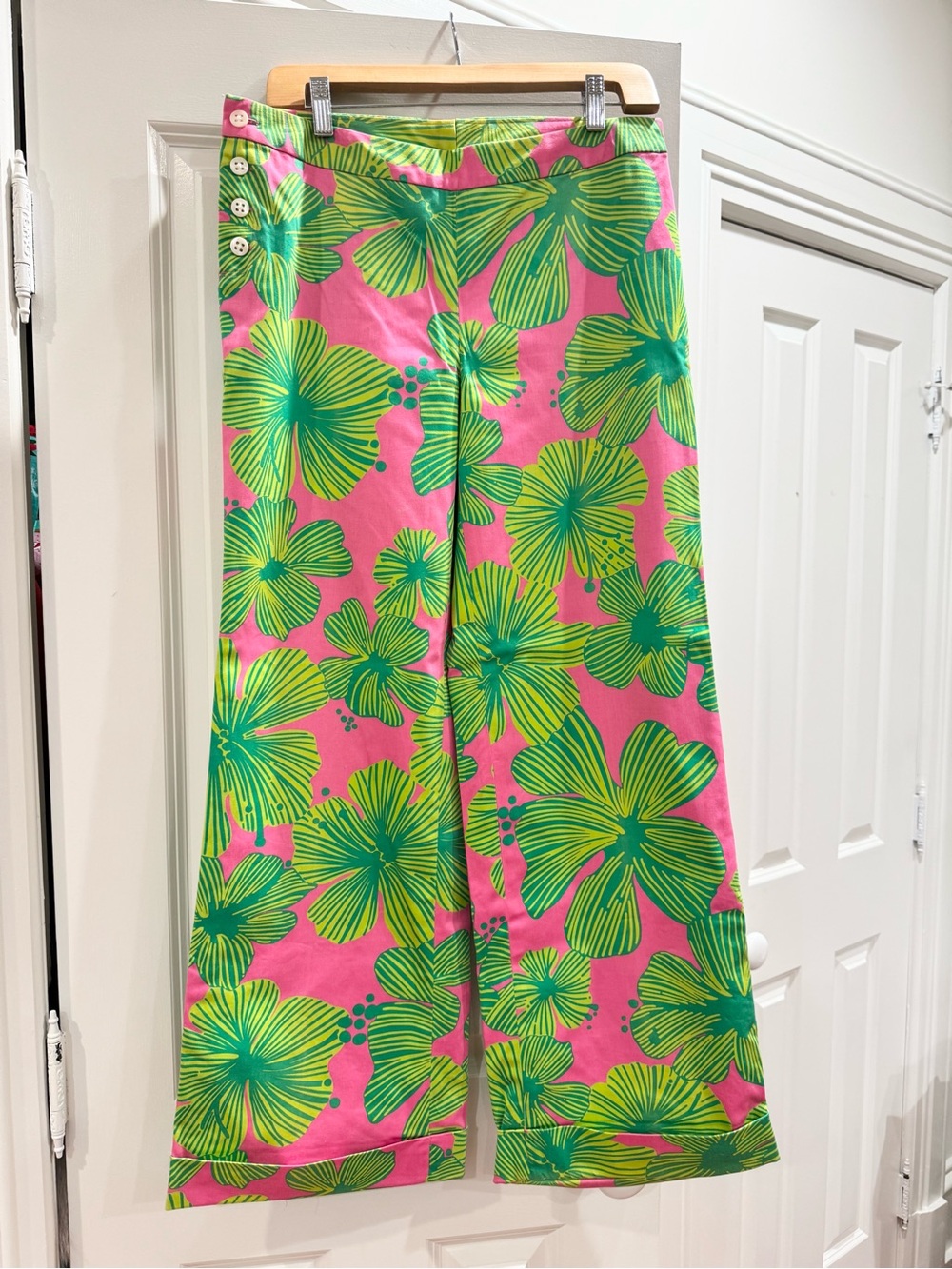 Vintage Lilly Pulitzer Wide Leg Pants Stretch Hawaiian Hibiscus Print Sz. 6